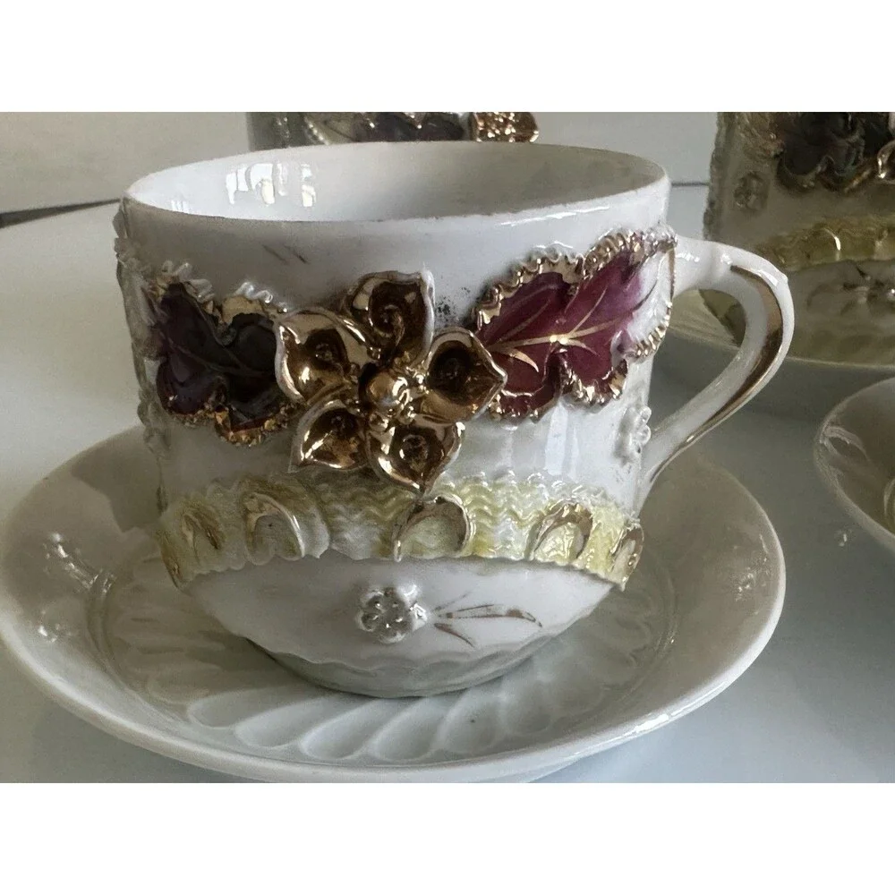 Unmarked Porcelain Floral Gold Trim 5 Cup & Saucer Sets Germany MPN 28